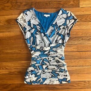 Blue floral mesh babydoll ruched surplice shirt New York & Company Y2K boho chic